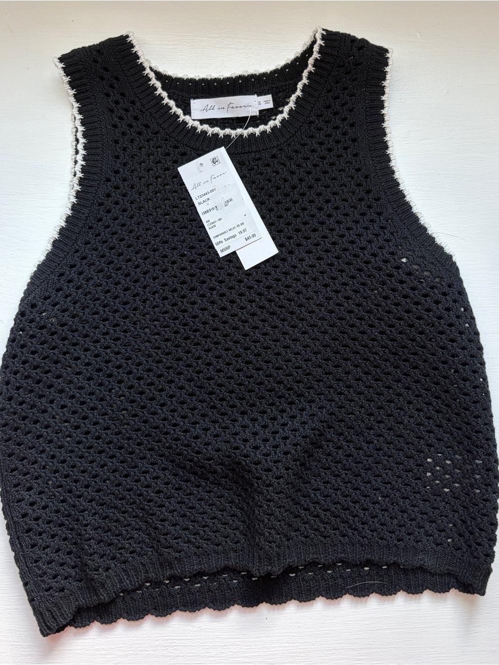 All in Favor Black Crochet Tank with White Trim